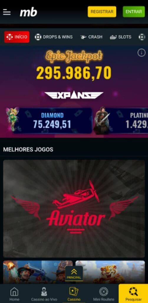 Tela de cassino ao se cadastrar e usar o código promocional Meridianbet.