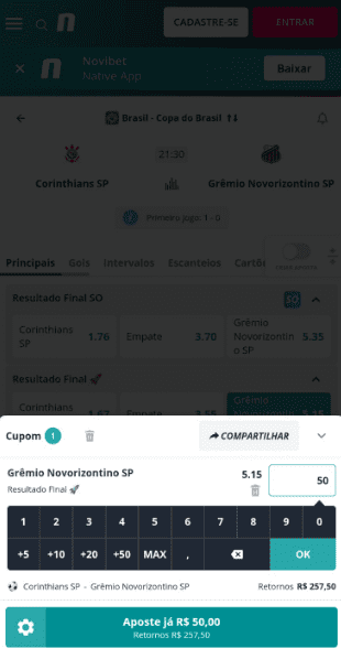 Tela do bilhete de aposta do site para se cadastrar com o código promocional Novibet.