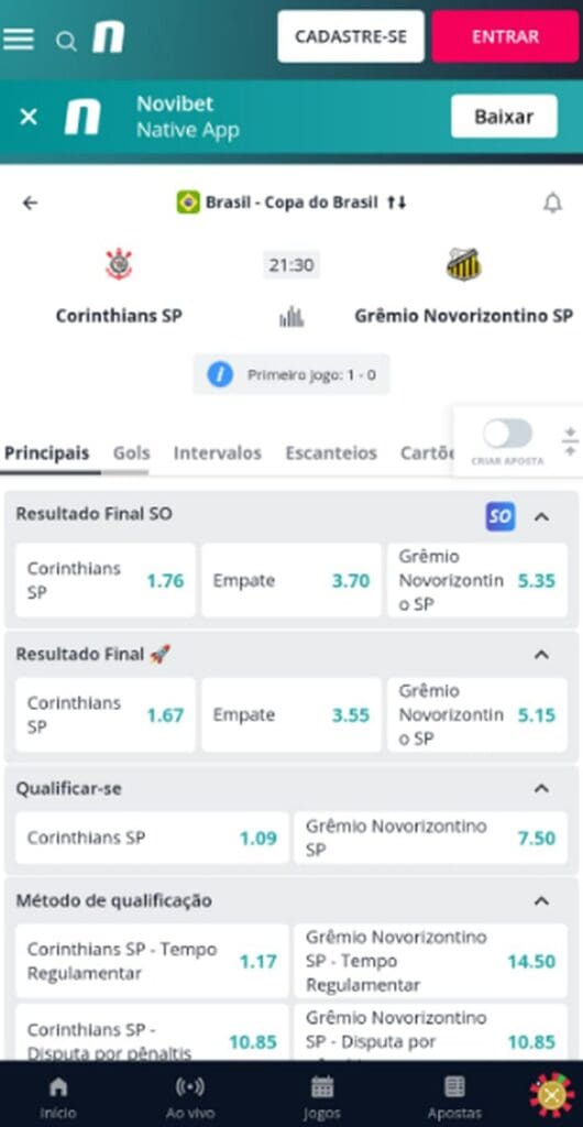 Tela de evento esportivo do site para se cadastrar com o código promocional Novibet.