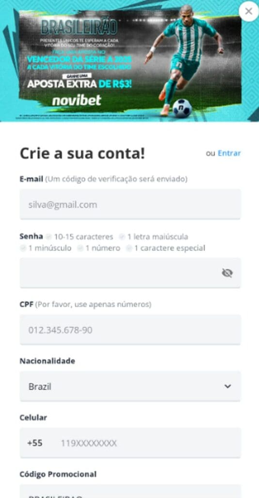Tela de cadastro para usar o código promocional Novibet.