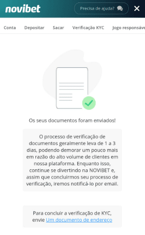Tela de verificação de identidade do site para se cadastrar com o código promocional Novibet.