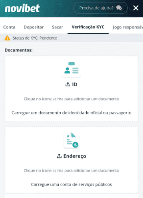 Tela de verificação de identidade do site para se cadastrar com o código promocional Novibet.