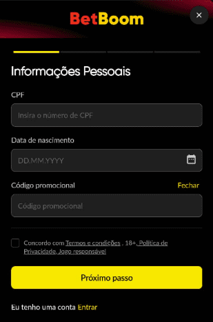 Tela para fazer o cadastro no BetBoom App.